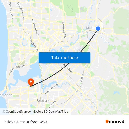 Midvale to Alfred Cove map