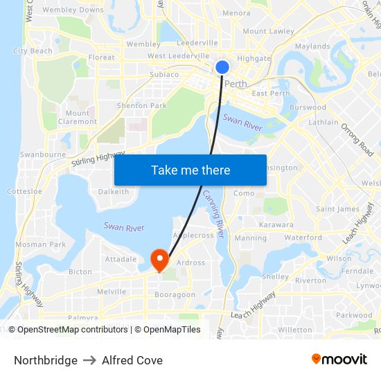 Northbridge to Alfred Cove map