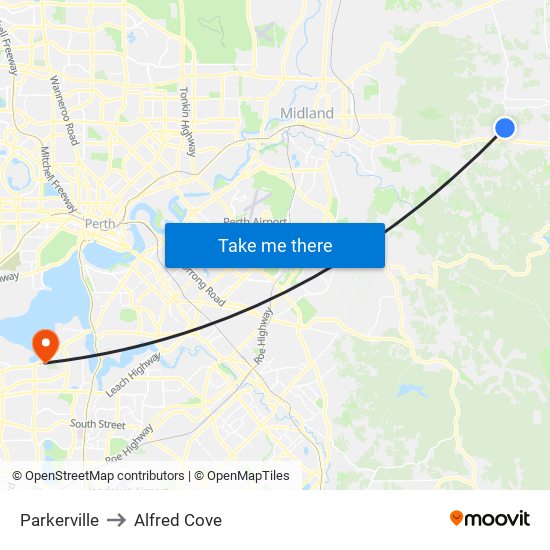 Parkerville to Alfred Cove map