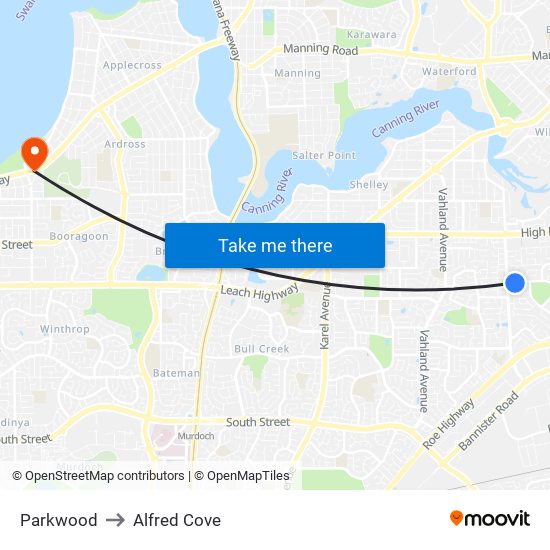 Parkwood to Alfred Cove map