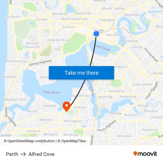 Perth to Alfred Cove map