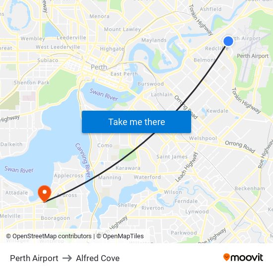 Perth Airport to Alfred Cove map