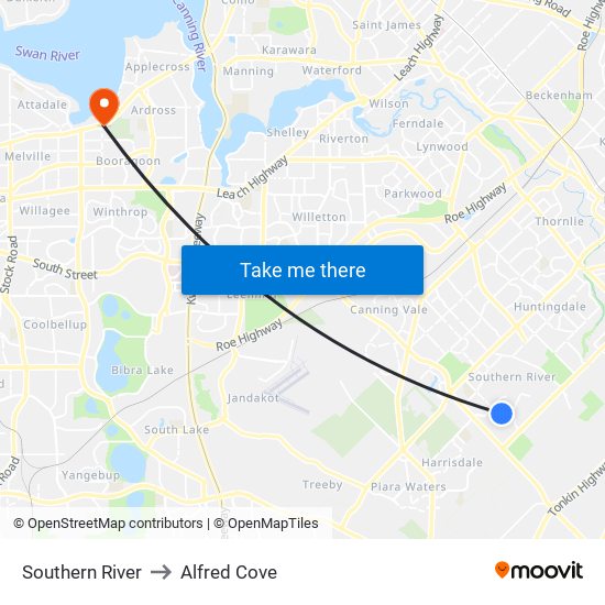 Southern River to Alfred Cove map