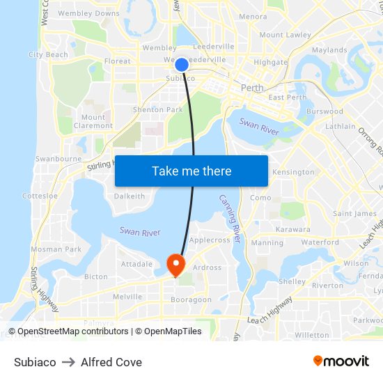 Subiaco to Alfred Cove map