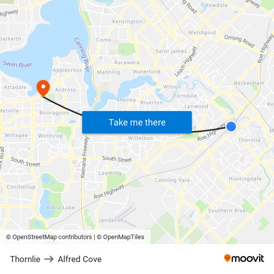 Thornlie to Alfred Cove map