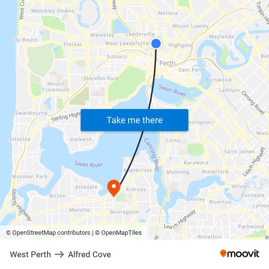West Perth to Alfred Cove map