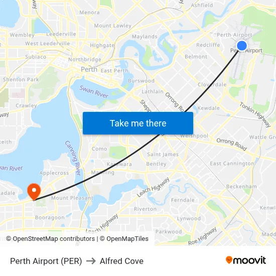 Perth Airport (PER) to Alfred Cove map