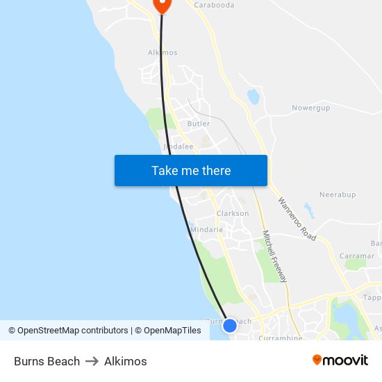 Burns Beach to Alkimos map