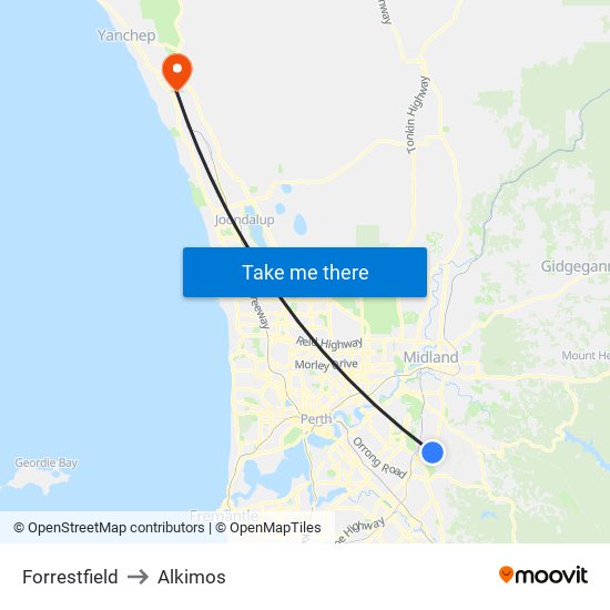 Forrestfield to Alkimos map