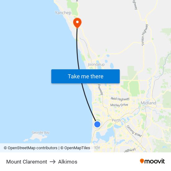 Mount Claremont to Alkimos map