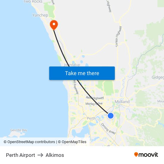 Perth Airport to Alkimos map