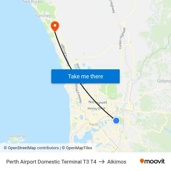 Perth Airport Domestic Terminal T3 T4 to Alkimos map