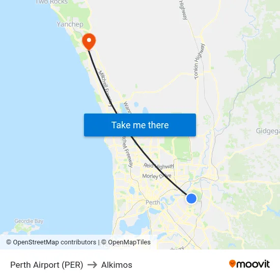 Perth Airport (PER) to Alkimos map