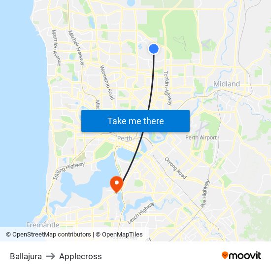 Ballajura to Applecross map
