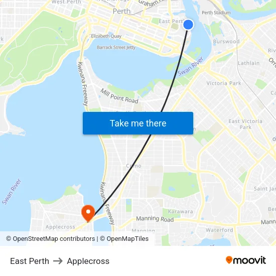 East Perth to Applecross map