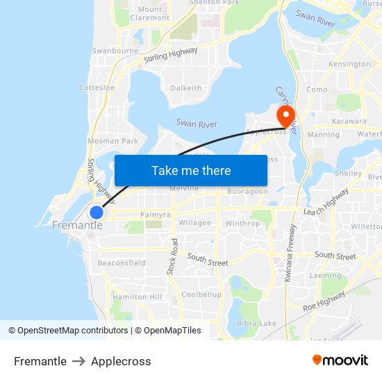 Fremantle to Applecross map