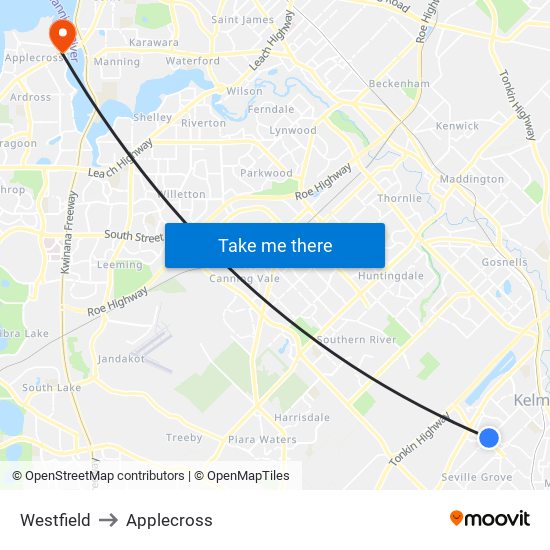 Westfield to Applecross map