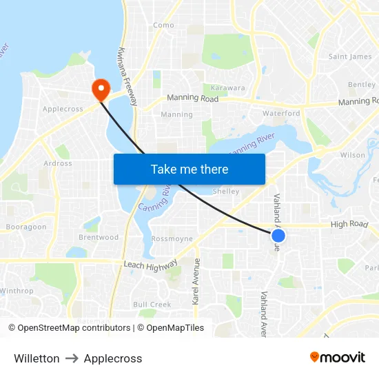 Willetton to Applecross map
