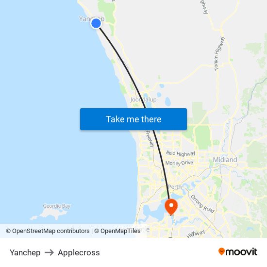 Yanchep to Applecross map