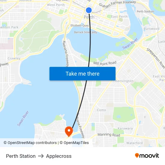 Perth Station to Applecross map