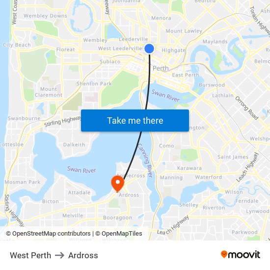 West Perth to Ardross map