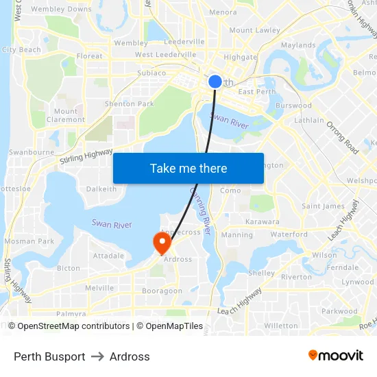 Perth Busport to Ardross map