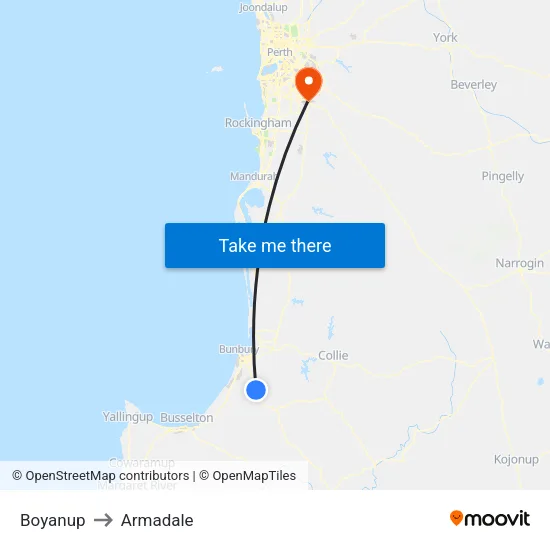Boyanup to Armadale map