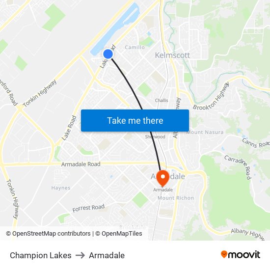 Champion Lakes to Armadale map