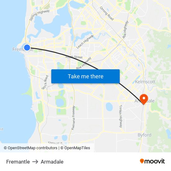 Fremantle to Armadale map