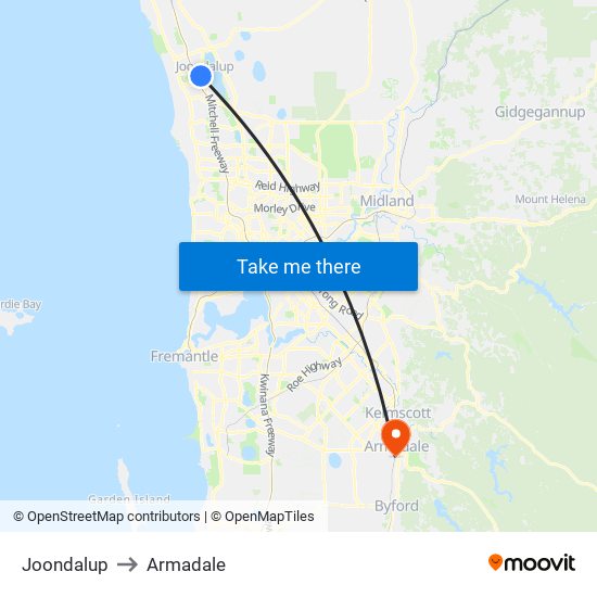 Joondalup to Armadale map