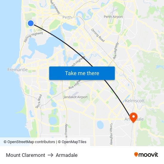 Mount Claremont to Armadale map