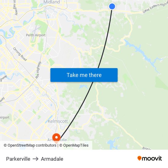 Parkerville to Armadale map