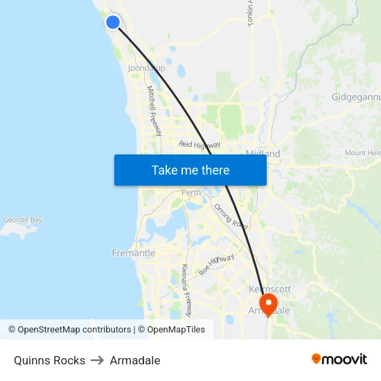 Quinns Rocks to Armadale map