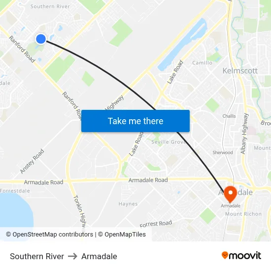 Southern River to Armadale map