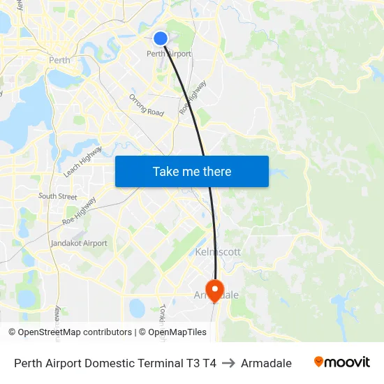 Perth Airport Domestic Terminal T3 T4 to Armadale map