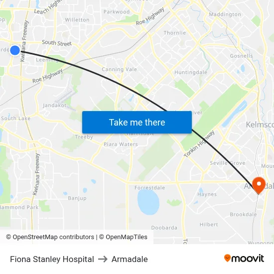 Fiona Stanley Hospital to Armadale map