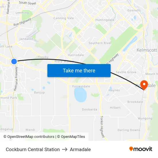 Cockburn Central Station to Armadale map