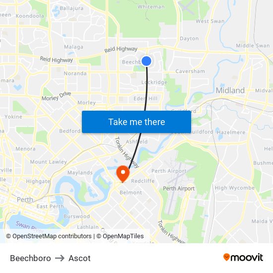 Beechboro to Ascot map