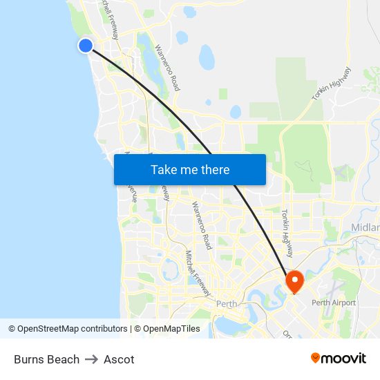 Burns Beach to Ascot map