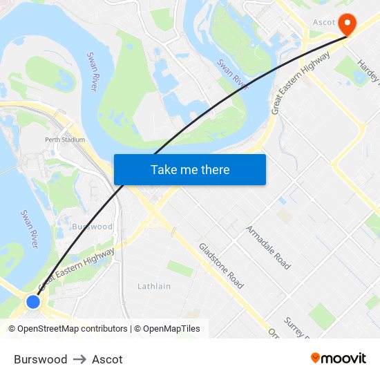 Burswood to Ascot map