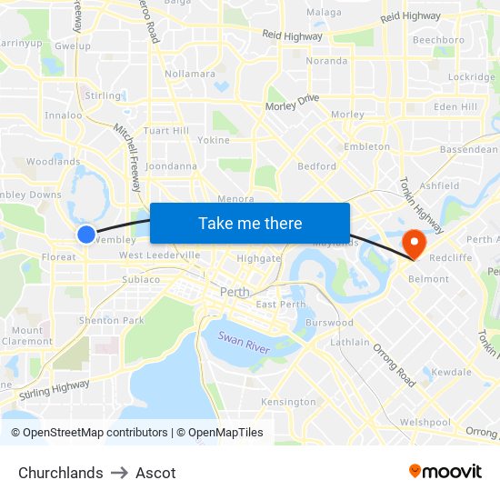 Churchlands to Ascot map