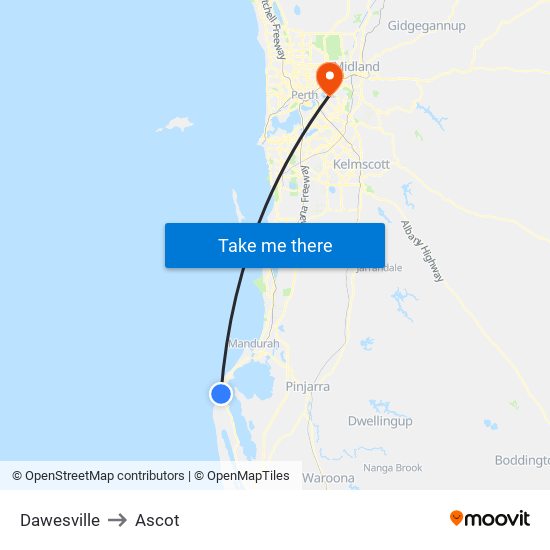 Dawesville to Ascot map