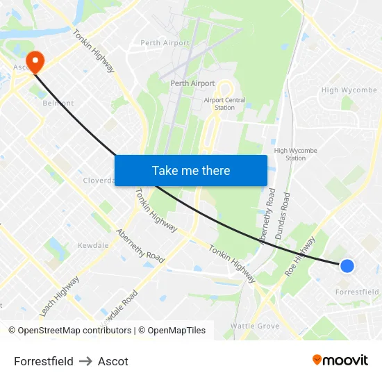 Forrestfield to Ascot map