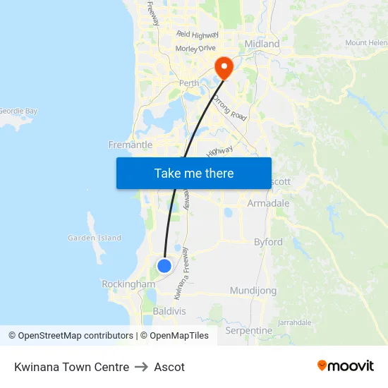 Kwinana Town Centre to Ascot map