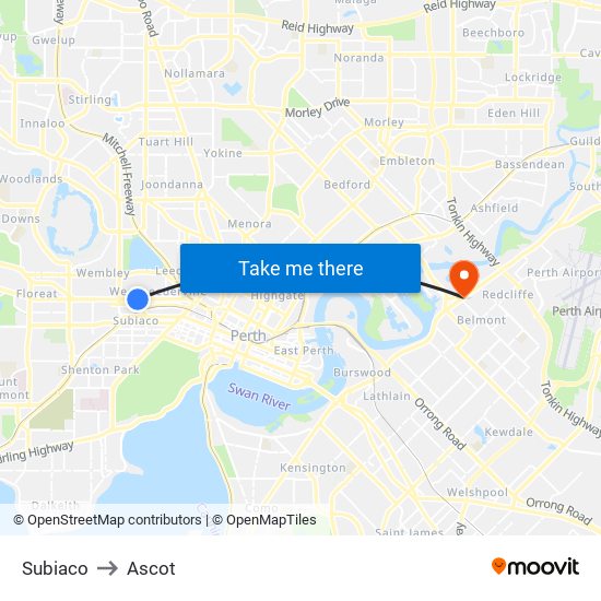 Subiaco to Ascot map