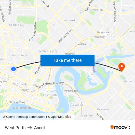 West Perth to Ascot map