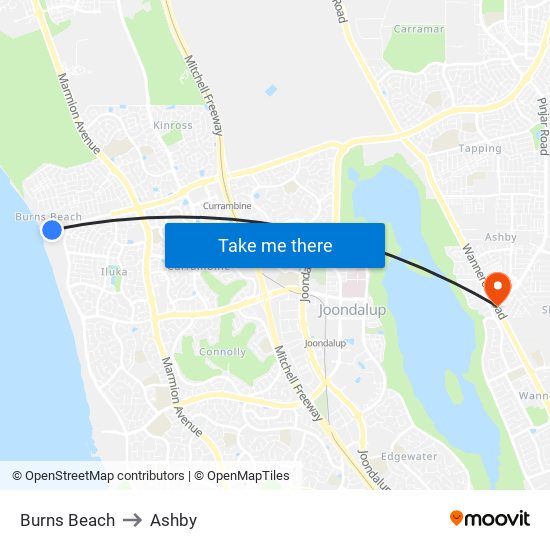 Burns Beach to Ashby map