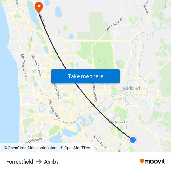 Forrestfield to Ashby map