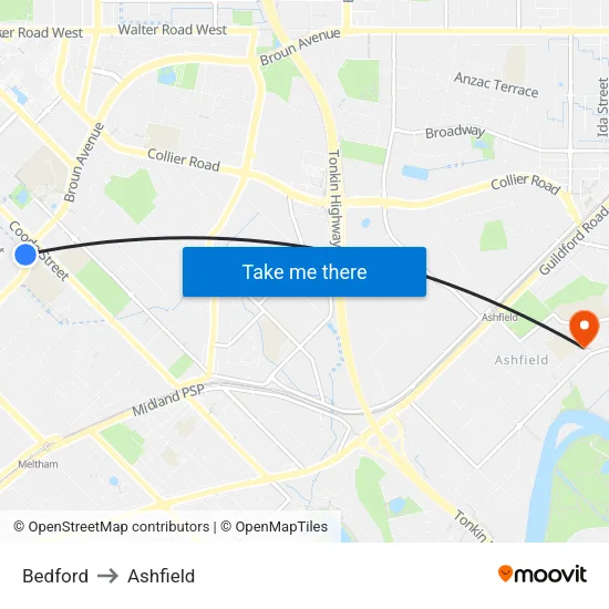 Bedford to Ashfield map