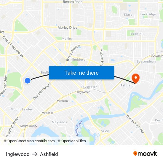 Inglewood to Ashfield map